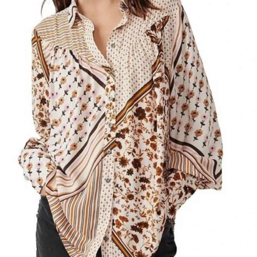 FREE PEOPLE HAZEL BUTTON DOWN SHIRT BLOUSE IVORY/FLORAL